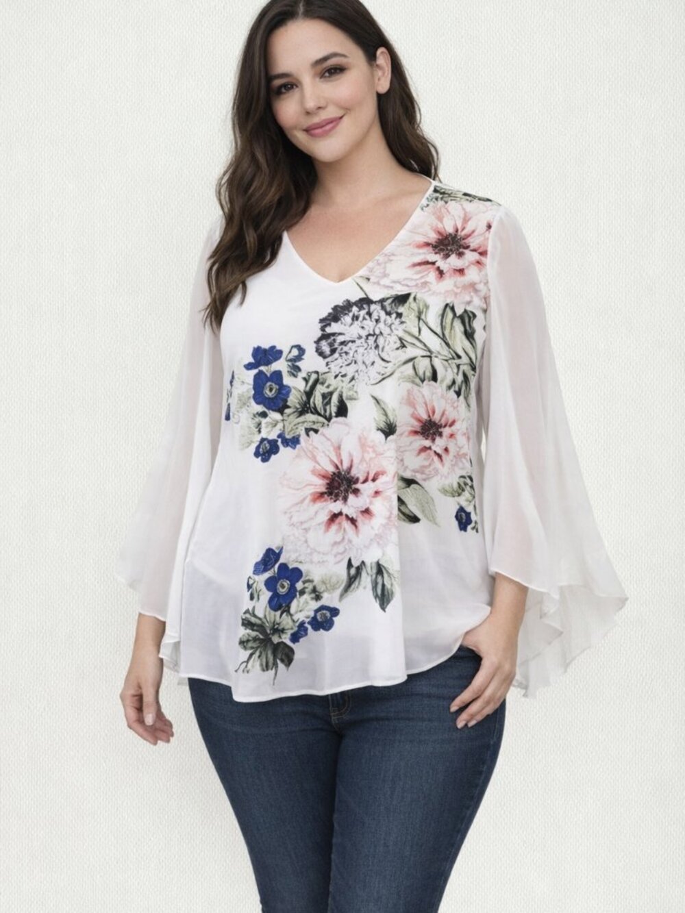 Floral large print watercolor butterfly sleeve v-neck blouse